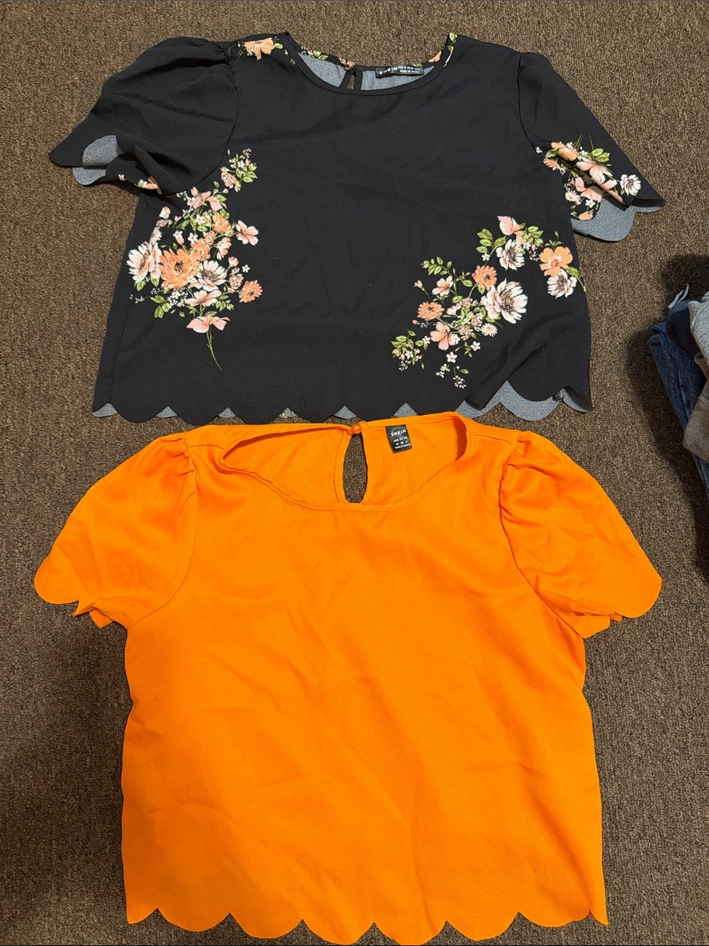 SHEIN Black Floral Scallop Crop Top & SHEIN Orange Scallop Crop Top